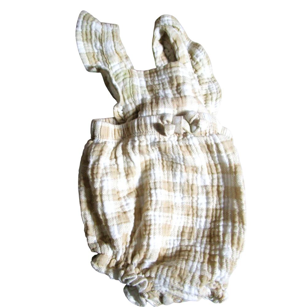 Emily & Oliver Baby Sunsuit Set Size 0–3M Plaid Romper + Bonnet Cottagecore